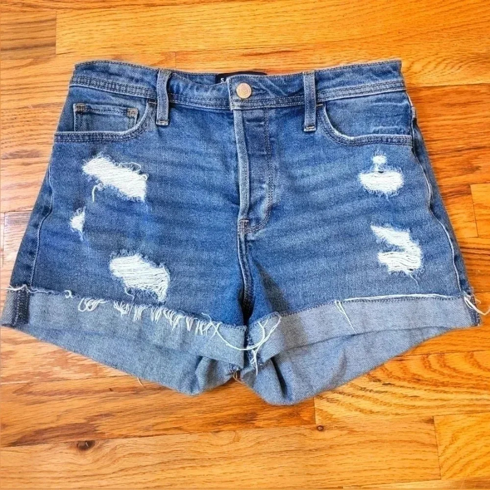 Hollister Vintage Stretch Distressed Destroyed High-Rise Mom Shorts(27)5